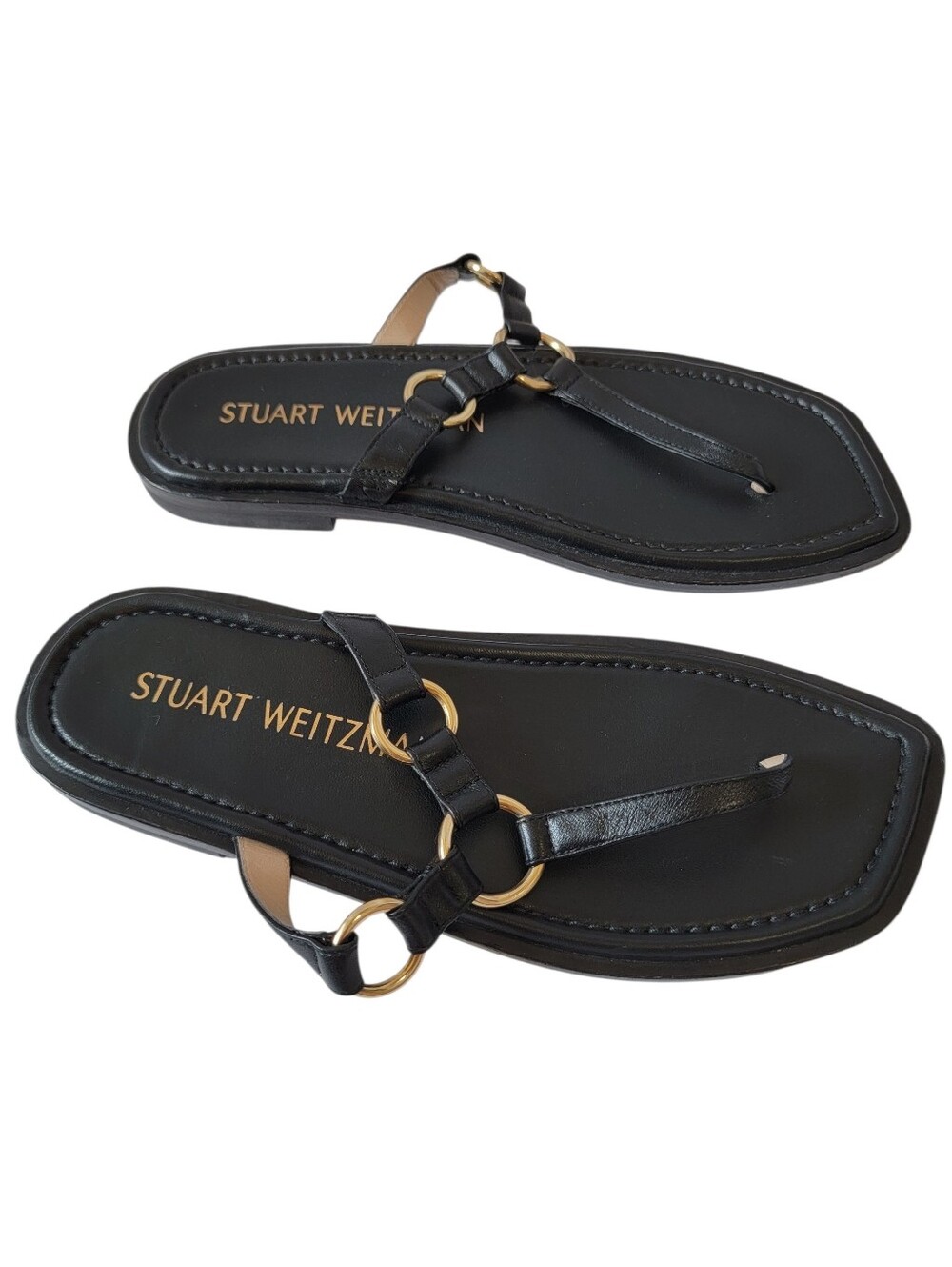 STUART WEITZMAN Lalita Flat Sandals Sz 10 Black Gold Leather Quite Luxury